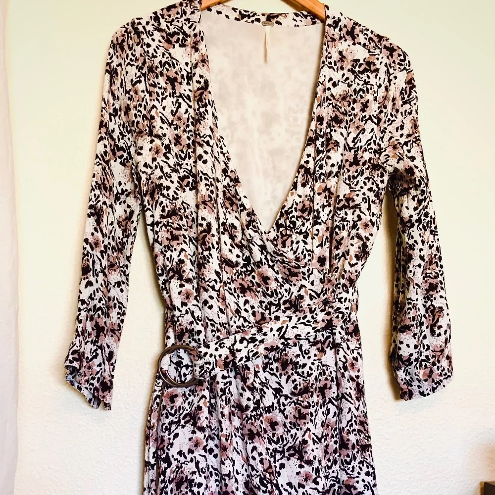 Free People Wrap Dress Leopard Print Pink Black Belted Size Medium